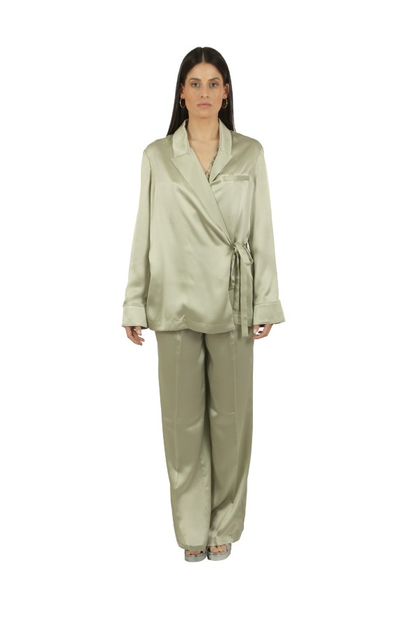 Pantalone Momonì Blocos in Satin di Seta Acquamarina