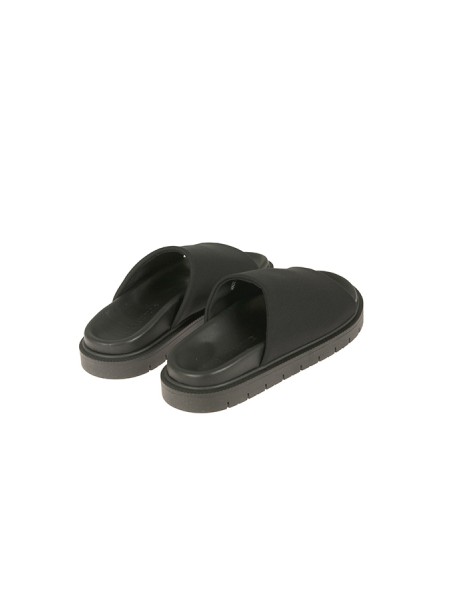 Calzature sandalo ciabatta fascia in tessuto tecnico sottopiede in pelle logato suola in gomma