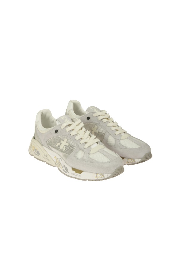Sneakers Premiata  in camoscio e tessuto sfodetato fondo gomma dettagli in pelle bianco/argento