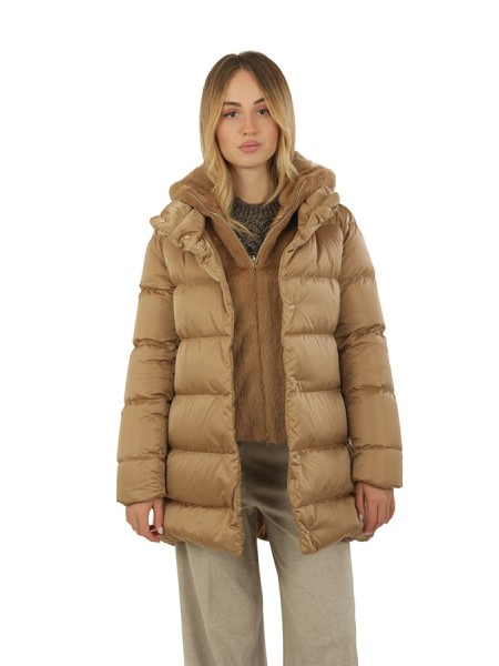Piumino Herno A-Shape In Raso e Lady Alternative Fur Cammello